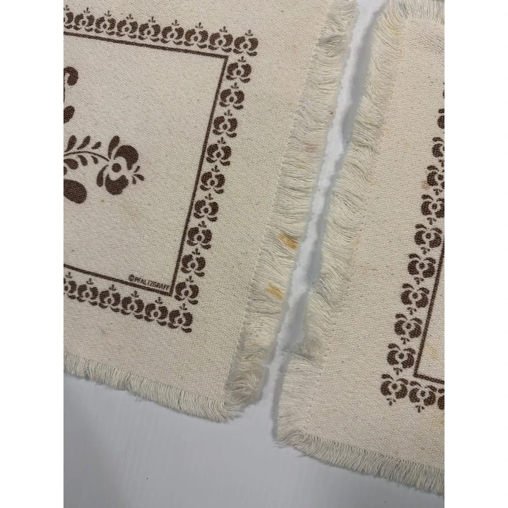 VTG Pfaltzgraff Village Placemats Brown Cream Floral Fringed Farmhouse Set of 5